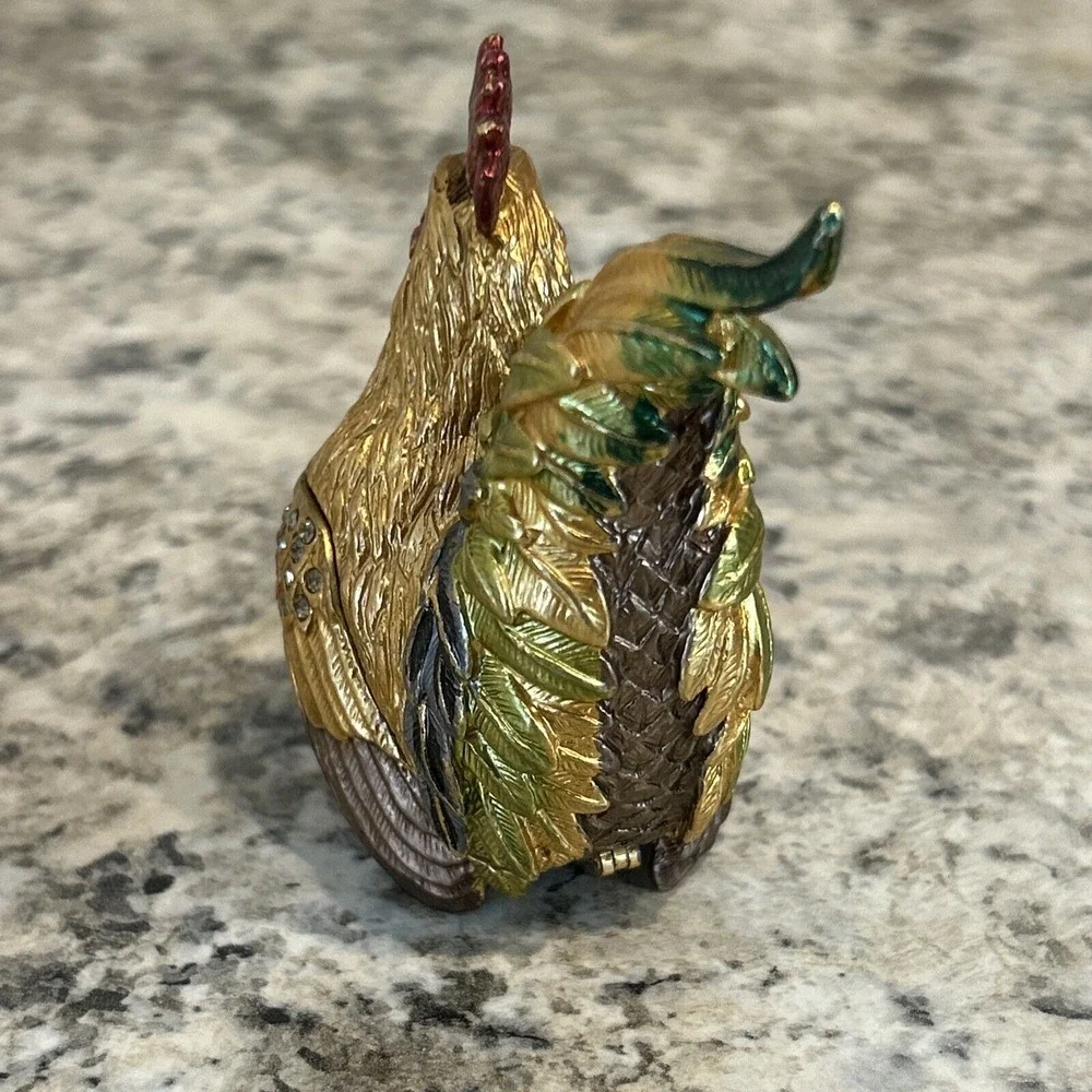 Beautiful Metalic‎ Enamel And Rhinestone Rooster Trinket Box